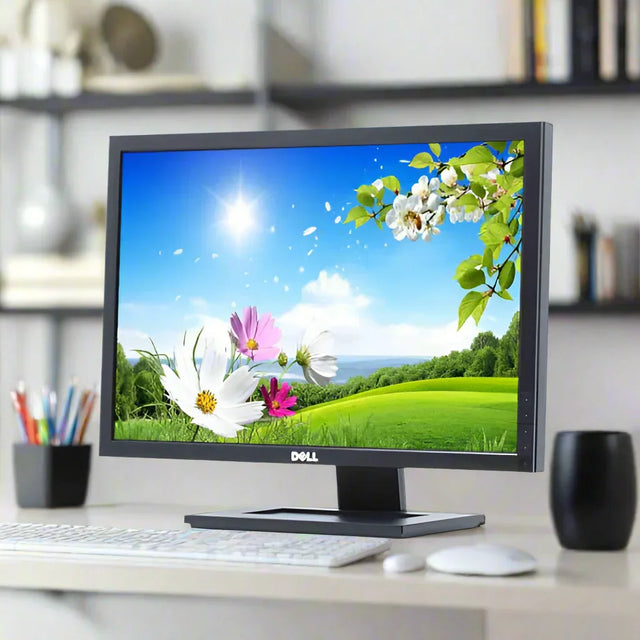 A refurbished Dell E2210H 21.5 1920x1080 VGA DVI LCD Monitor displays a vivid spring scene on a desk with a keyboard, mouse, pens, and black cup, while shelving appears in the background.