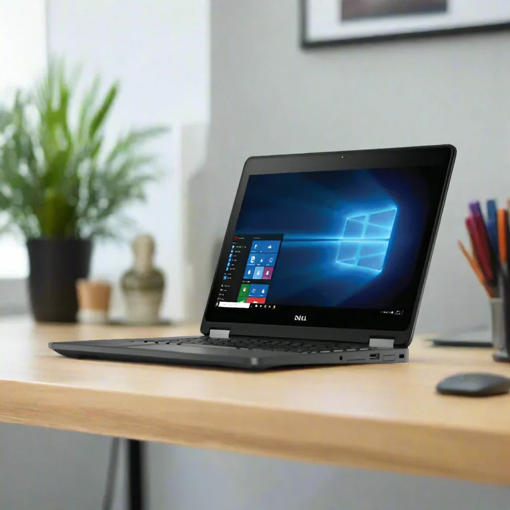 A Dell Latitude E5250 i5 5200U 2.2GHz 8GB 500GB W10P 12.5 laptop is open on a wooden desk, with office supplies, a wireless mouse, and a small plant nearby.