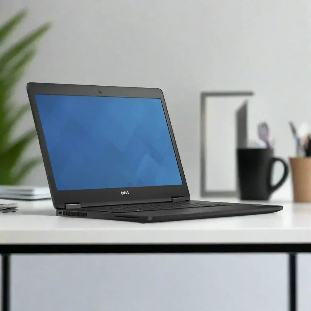 A certified refurbished Dell Latitude E7470 i5 6300U 2.4GHz 8GB 256GB SSD 14 W10P Laptop by Dell sits open on a white desk in a modern office, with a plant, black mug, and office supplies blurred in the background.