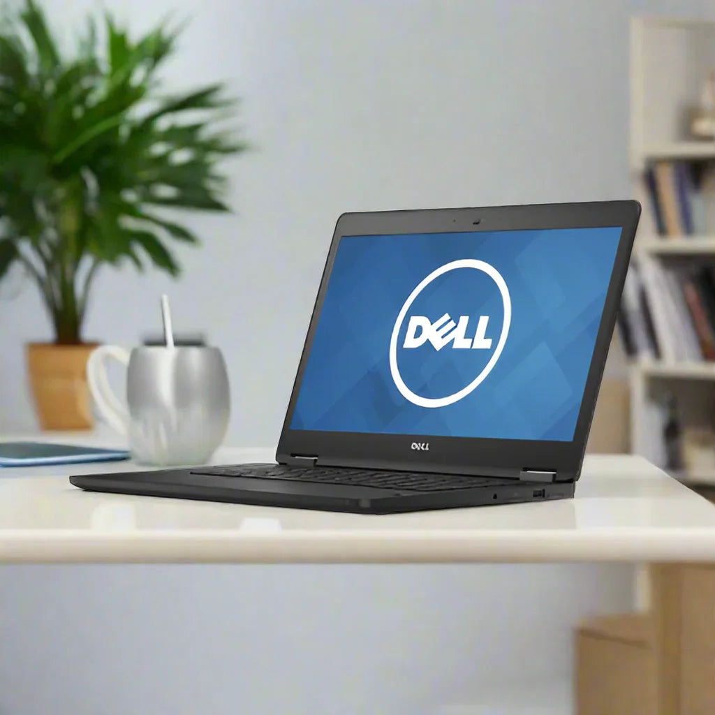 A certified refurbished Dell Latitude E7470 i5-6300U 8GB RAM 128GB SSD 14 FHD W10P laptop, displaying the Dell logo, sits on a white desk beside a silver mug and spoon, with a green plant and bookshelf blurred in the background.