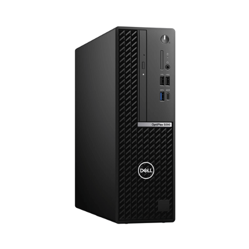 A refurbished Dell OptiPlex 5090 SFF PC with Intel i5-10500, 8GB RAM, 128GB NVMe SSD, and Windows 11 Pro is shown from an angle displaying its front panel ports, audio jacks, power button, and optical drive.