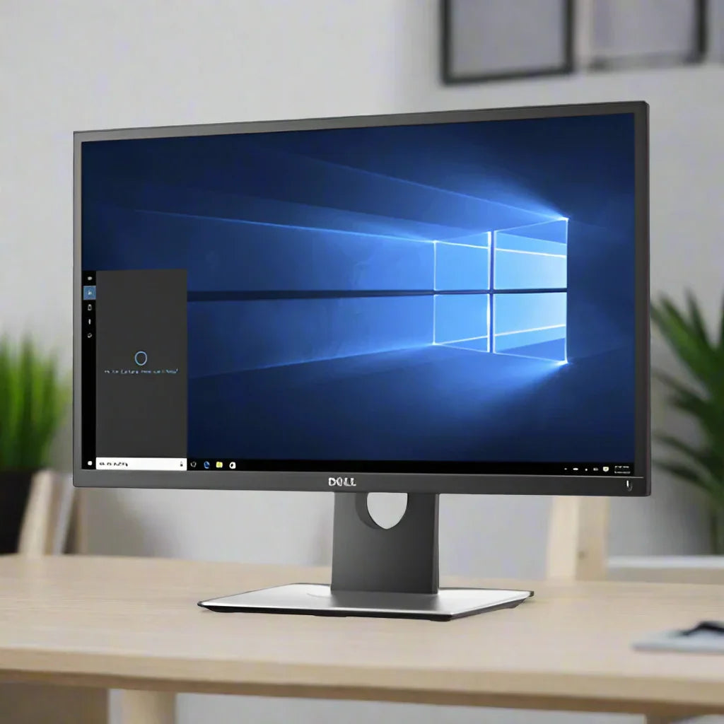 A refurbished Dell P2417H IPS 24 1920x1080 monitor sits on a light desk, showing the Windows 10 desktop with the Cortana search bar. The background is slightly blurred, revealing a wall and some green plants. No stand included.