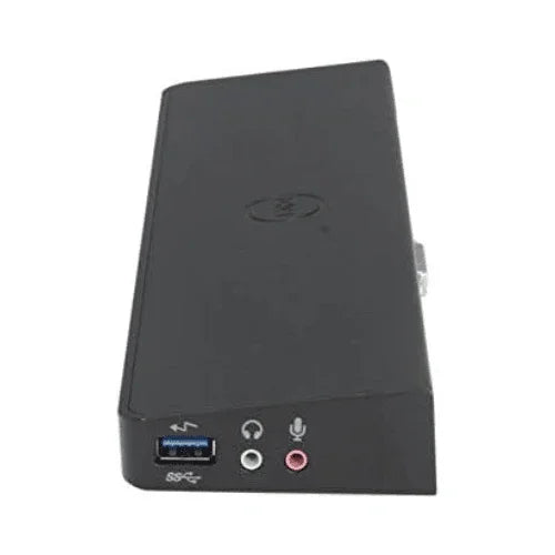 A refurbished Dell D3000 SuperSpeed USB 3.0 HDMI DVI Dock with adapter, featuring front USB, headphone, and mic ports, supports dual 1080P HD video; shown on a white background.