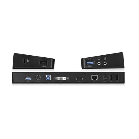 The Dell D3000 SuperSpeed USB 3.0 HDMI DVI Dock by Dell is shown from the back, displaying ports for USB 3.0, Ethernet, HDMI, DVI (dual 1080P), audio jacks, and power input; two angled side pieces are also visible. Includes adapter.