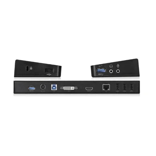 The Dell D3000 SuperSpeed USB 3.0 HDMI DVI Dock by Dell is shown from the back, displaying ports for USB 3.0, Ethernet, HDMI, DVI (dual 1080P), audio jacks, and power input; two angled side pieces are also visible. Includes adapter.