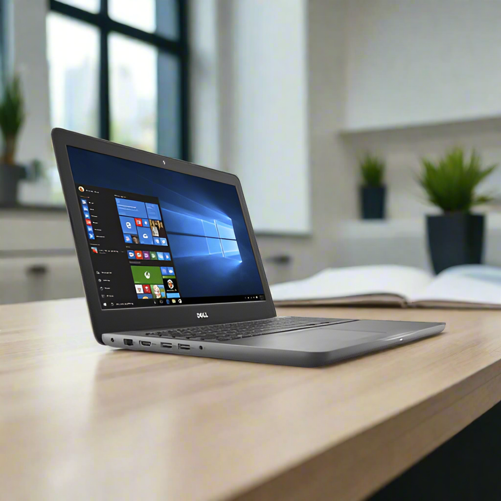 A refurbished Dell Inspiron 15 5567 Intel i5-7200U, 8GB RAM, 1TB, Windows 10 Home laptop sits open on a wooden desk near a window with an open book and potted plants.