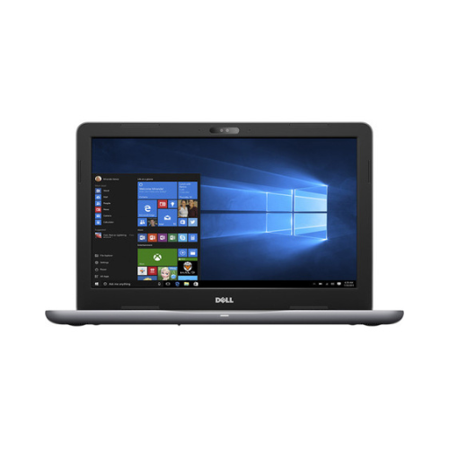 A refurbished black Dell Inspiron 15 5567 laptop with an Intel i5-7200U, 8GB RAM, 1TB HDD, and Windows 10 Home is shown open from the front, displaying the home screen with various app icons on a blue background.