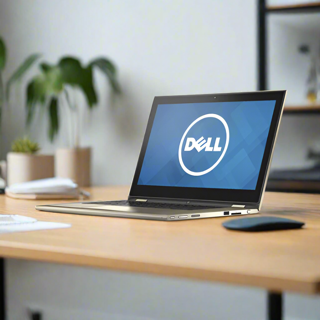 A certified refurbished Dell Inspiron 7359 2-in-1 i5-6200U 8GB 256GB SSD 13.3" Touch W10H laptop sits on a wooden desk next to a wireless mouse in a modern, well-lit office with a plant in the background.
