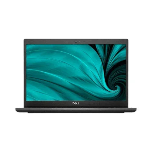 A refurbished Dell Latitude 3420 i5 1135G7 laptop with 32GB RAM, 512GB SSD, and Windows 11 Pro is shown from the front with a teal abstract swirl on its 14" screen, set against a white background.