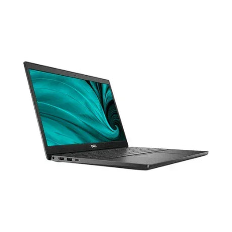 A refurbished Dell Latitude 3420 i5 1135G7 laptop with 32GB RAM, 512GB SSD, and a 14" display is open at an angle showing a teal and black abstract swirl on the screen, set against a plain white background.