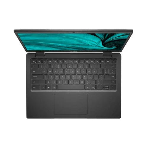 Top view of an open refurbished Dell Latitude 3420 i5 laptop, displaying a teal and black abstract pattern on the screen with visible keyboard, touchpad, and part of the 14" display.