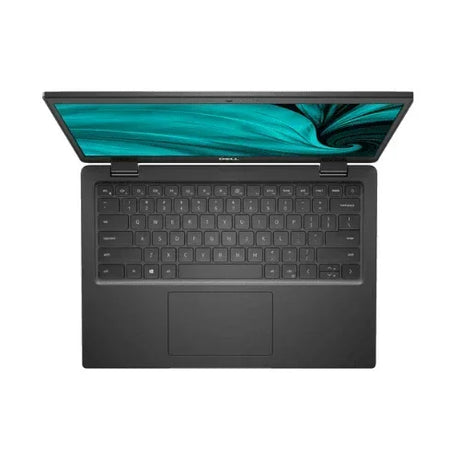 Top view of an open refurbished Dell Latitude 3420 i5 laptop, displaying a teal and black abstract pattern on the screen with visible keyboard, touchpad, and part of the 14" display.