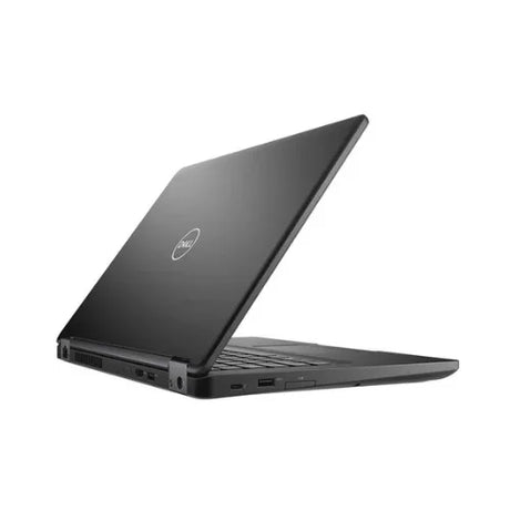 A refurbished 14" Dell Latitude 5490 laptop (i5-8250U, 16GB RAM, 512GB SSD, W11P) in black is shown partially open from the back left, displaying the Dell logo on the lid and multiple ports along the left edge.
