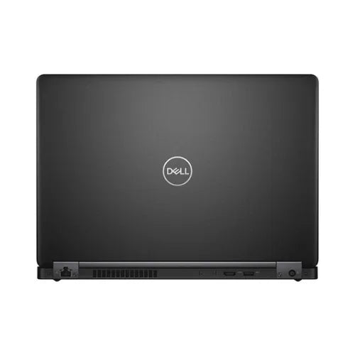 A closed Dell Latitude 5490 14" refurbished laptop is shown from the back, with a matte black finish, Dell logo centered, and visible ports and ventilation along the bottom edge. Specs: i5 8250U, 16GB RAM, 512GB SSD, Windows 11 Pro.