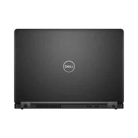 A closed Dell Latitude 5490 14" refurbished laptop is shown from the back, with a matte black finish, Dell logo centered, and visible ports and ventilation along the bottom edge. Specs: i5 8250U, 16GB RAM, 512GB SSD, Windows 11 Pro.