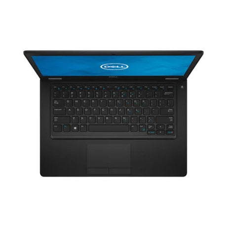 Top-down view of an open Dell Latitude 5490 i5 8250U 16GB 512GB SSD 14" W11P refurbished laptop with black keyboard and touchpad, showing the Dell logo on a blue screen.