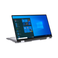 A silver Dell Latitude 9520 2-in-1 (i7 1185G7, 16GB, 512GB LTE, 15" Touch, Windows 11 Pro) is shown in tent mode with the Start menu on its screen against a white background.