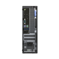 The image shows the rear of a Dell OptiPlex 5055 SFF, featuring USB ports, audio jacks, VGA, Ethernet, expansion slots, cooling vents, and power supply—powered by an AMD Ryzen 5 Pro 2400G processor.