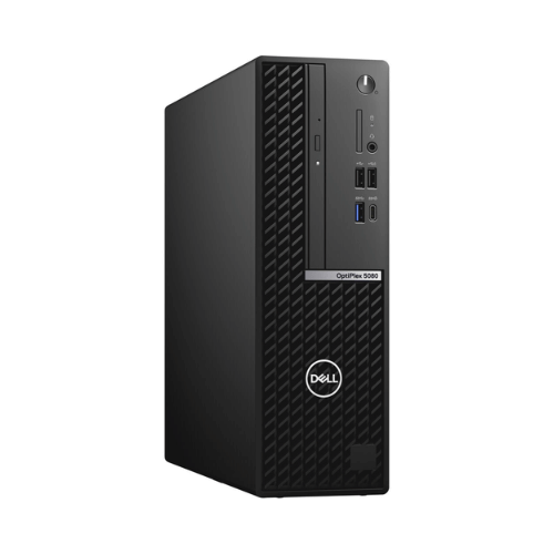 A black refurbished Dell OptiPlex 5080 SFF desktop with an Intel i5-10500, 8GB RAM, and 128GB NVMe SSD stands upright on a white background. The front panel displays ports, buttons, the Dell logo, and a DVD drive.