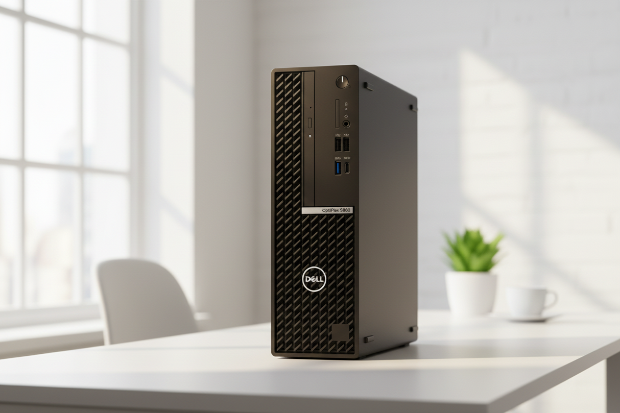 A black refurbished Dell OptiPlex 5080 SFF desktop with an Intel i5-10500, 8GB RAM, 128GB NVMe SSD, Windows 11 Pro, front-facing USB ports, audio jacks, disk drive, and the Dell logo.