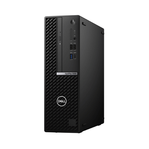 This refurbished black Dell OptiPlex 5090 SFF PC features an i5-10500, 8GB RAM, 128GB NVMe SSD, and Windows 11 Pro—ideal for workspaces with its front USB ports and compact design.