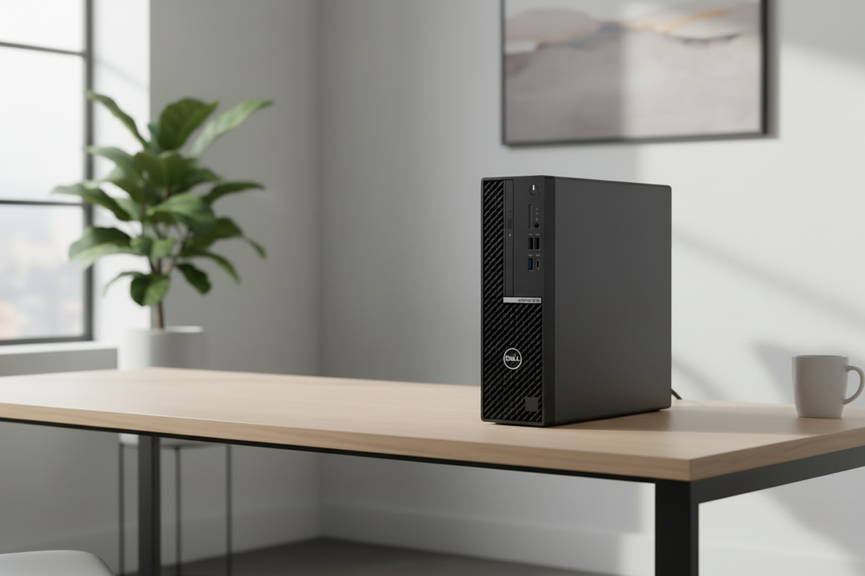 Front view of a refurbished Dell OptiPlex 5090 SFF PC featuring an Intel i5-10500, 8GB RAM, 128GB NVMe SSD, USB ports, audio jack, optical drive, ventilation grille, and preloaded with Windows 11 Pro.