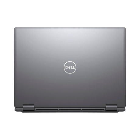 A closed silver Dell Precision 7670 i7 is viewed from above, showing the centered Dell logo on the lid and visible hinges along the bottom edge.