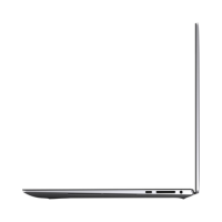 A slim, silver Dell Precision 5550 (i7-10850H, 32GB RAM, 512GB + 1TB SSD, T2000, 15.6", W11P) mobile workstation is shown partially open from the side on a white background, displaying multiple ports along its edge.