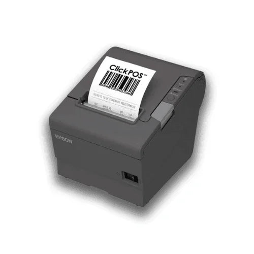 A brand new Epson TM-T82II Intelligent Thermal Receipt Printer displays cloud printing by printing a ClickPOS label with barcode on white paper, set against a plain white background.