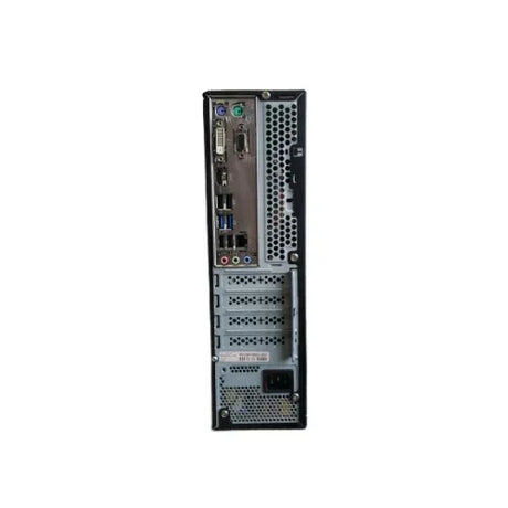 Rear view of the GIGABYTE H110M SFF i5 7400 desktop shows various ports, expansion slots, ventilation grilles, audio jacks, USB ports, and power connector.