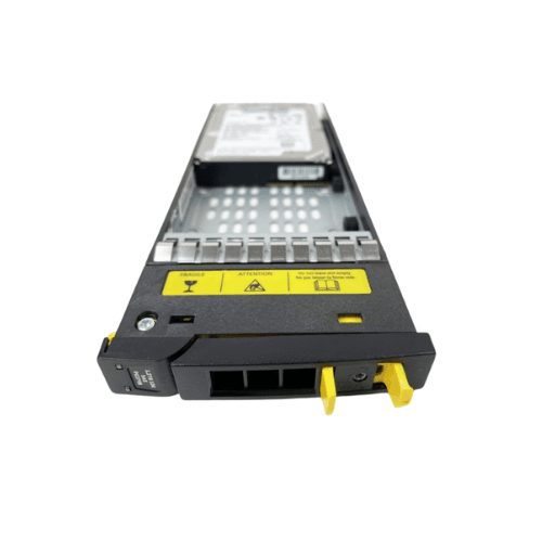 The HP 3PAR 742934-001 1.2TB SAS 10K 2.5" Hard Drive with caddy, in black and yellow, features front-view hot-swappable design with caution labels and a handle for easy installation or removal. Brand: HP. 3-month warranty.