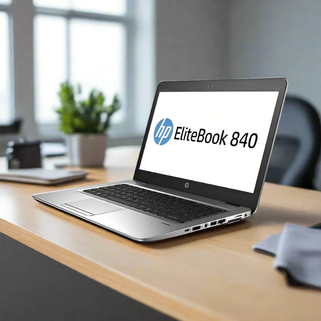A certified refurbished HP EliteBook 840 G2, featuring an i5 5300U 2.3GHz, 8GB RAM, and 128GB SSD (no OS), sits open on a wooden desk in a modern office with its logo on the screen and blurred background items.