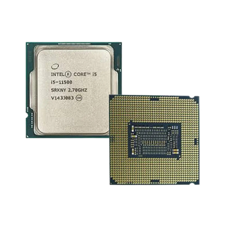 Two refurbished Intel 11th Gen i5-11500 Hex Core 2.7GHz FCLGA1200 CPUs are displayed—one shows the front with model details, the other reveals gold connector pins. Brand: Intel.