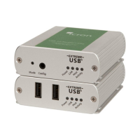 Two stacked silver Extron devices form a USB extender system. The top unit has mode and config ports, while the certified refurbished ICRON Ranger 2312 USB 2.0 Extender below offers dual USB ports and status lights.