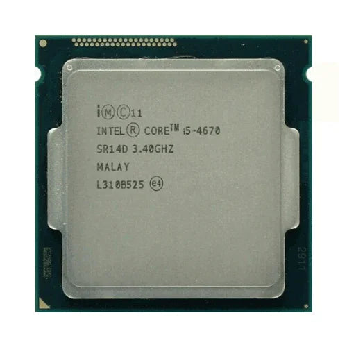 A close-up of an Intel Quad Core i5 4670 3.4GHz 6MB LGA 1150 CPU Processor shows the silver heat spreader, black circuit board, and product details printed on the metal; refurbished with a 3-month warranty.