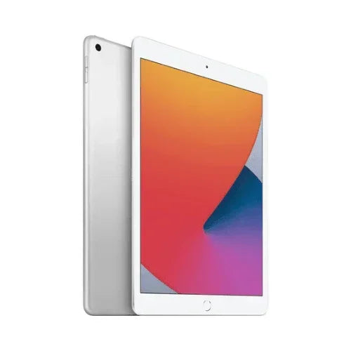 A certified refurbished Apple iPad 8th Gen 10.2 32GB Silver WIFI + Cell AU STOCK is shown front and back, featuring a white bezel, home button, slim design, and colorful gradient screen. Brand: Apple.