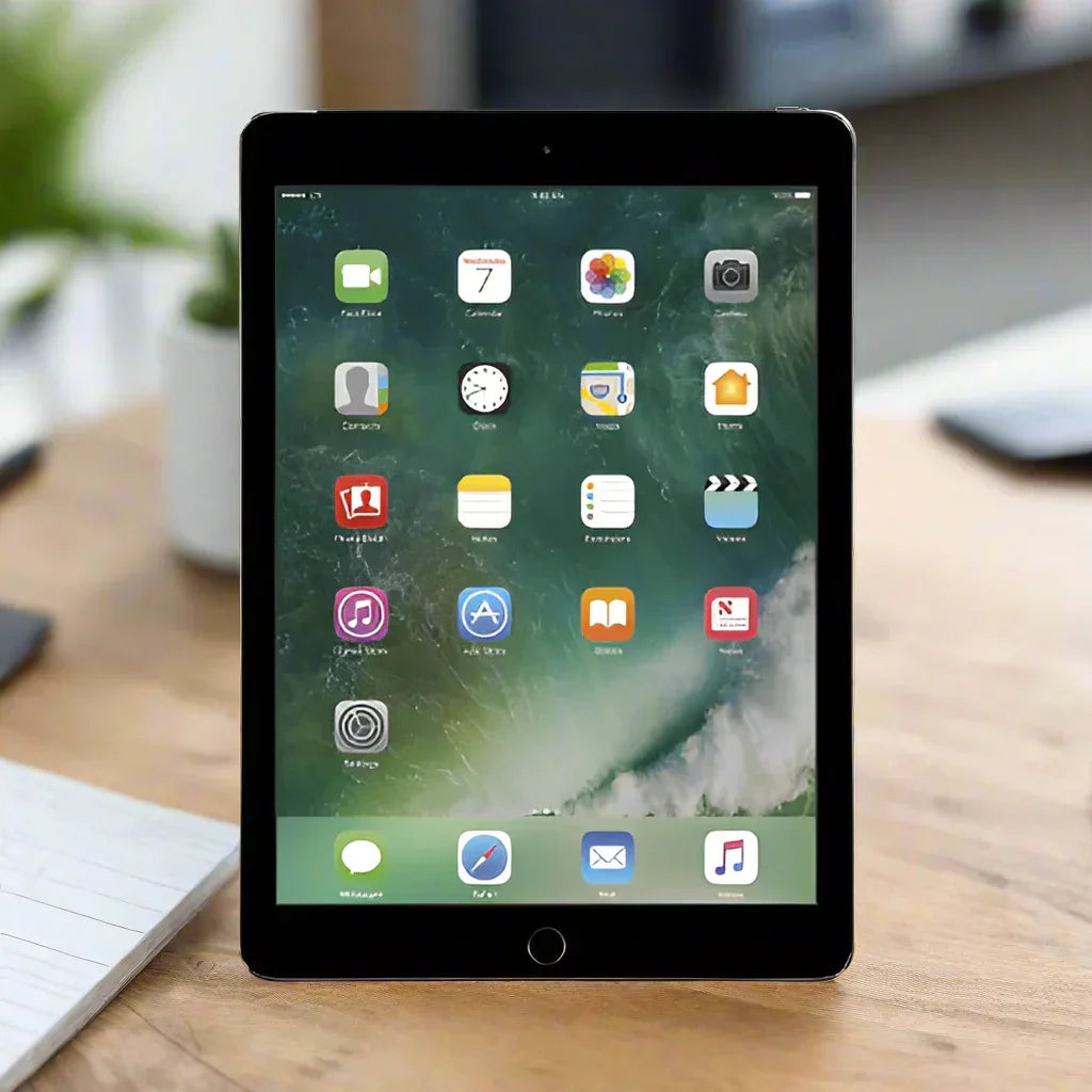 An Apple iPad Air 2 64GB WIFI + Cell Space Grey Tablet from AU STOCK rests on a wooden desk beside a notepad, with a blurred plant and other objects in the background.