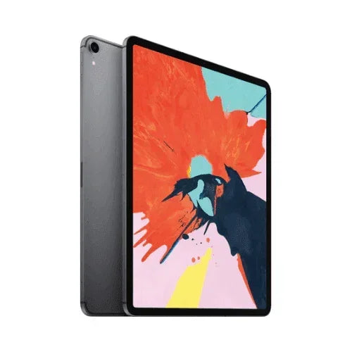 A refurbished Apple iPad Pro 12.9 3rd Gen WIFI + Cell 1TB in Space Grey shows vivid abstract art on its Liquid Retina display, with the camera visible on the back corner.