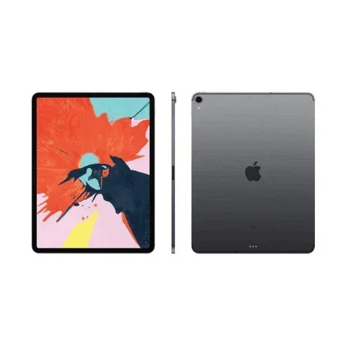 The Apple iPad Pro 12.9 3rd Gen WIFI + Cell 1TB in Space Grey is shown from the front, side, and back, highlighting its vivid Liquid Retina display, slim profile, and sleek design with Apple logo and camera.