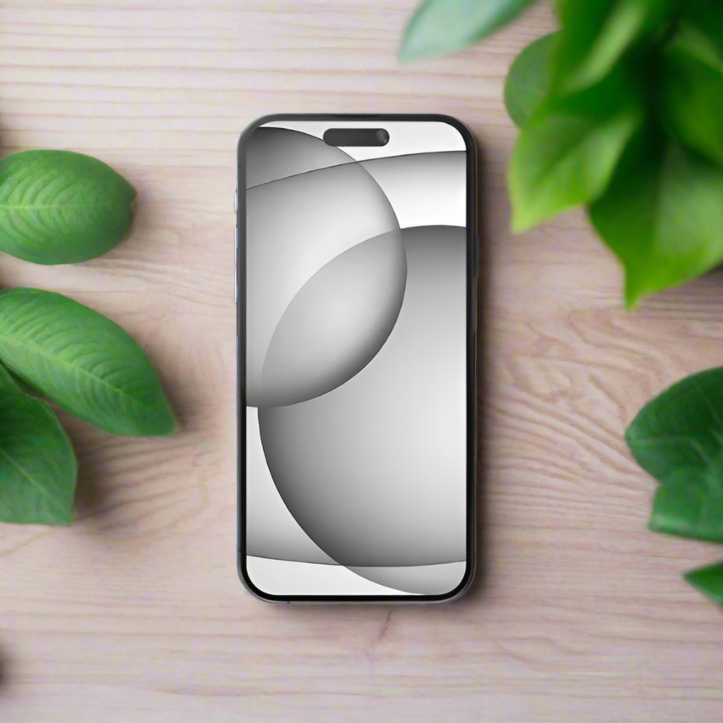 A cracked Apple iPhone 15 Black 256GB (A16 Bionic, unlocked, parts only) lies on a light wooden surface with abstract gray and white geometric wallpaper, surrounded by green leafy plants in the corners.