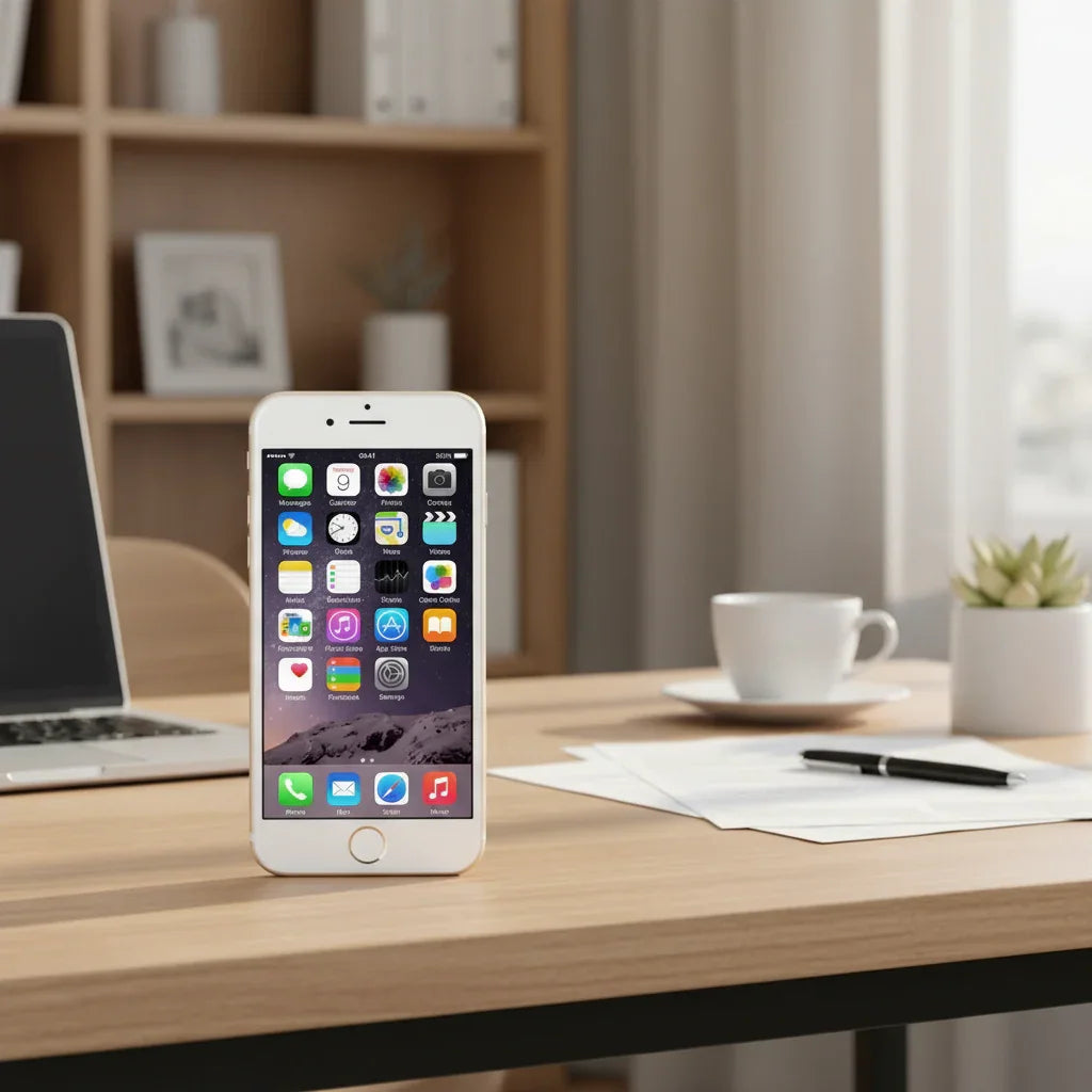 An unlocked Apple iPhone 6 32GB Gold displays the home screen with app icons like Messages, Calendar, Photos, and Camera. This certified refurbished smartphone by Apple comes in gold with warranty.