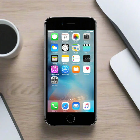 An Apple iPhone 6 64GB Space Grey Unlocked Smartphone (AU STOCK, Wty) by Apple is displayed on a wooden desk beside a cup of coffee, white keyboard, and laptop.