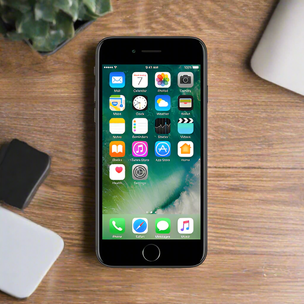 An Apple iPhone 7 256GB Black Unlocked Smartphone (AU STOCK, certified refurbished) by Apple rests on a wooden desk with its app-filled home screen, next to a keyboard, mouse, and a green plant in the corner.