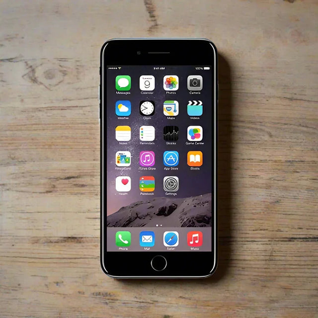 A certified refurbished Apple iPhone 7 32GB Black Unlocked Smartphone (AU STOCK | Wty) sits on a light wooden surface, displaying the default home screen with apps like Messages, Calendar, and Photos—delivering unbeatable value.