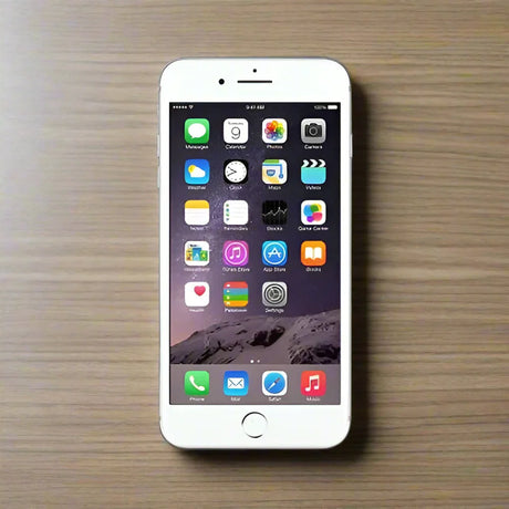 An Apple iPhone 7 32GB Silver Unlocked Smartphone (AU STOCK, certified refurbished) by Apple is shown with its home screen and app icons, resting on a light brown wooden surface.