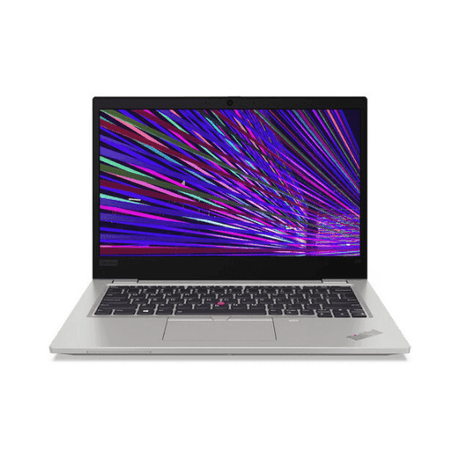 A refurbished silver Lenovo ThinkPad L13 Yoga G2 with a black keyboard is open, showing a vibrant display of colorful diagonal light streaks on white.