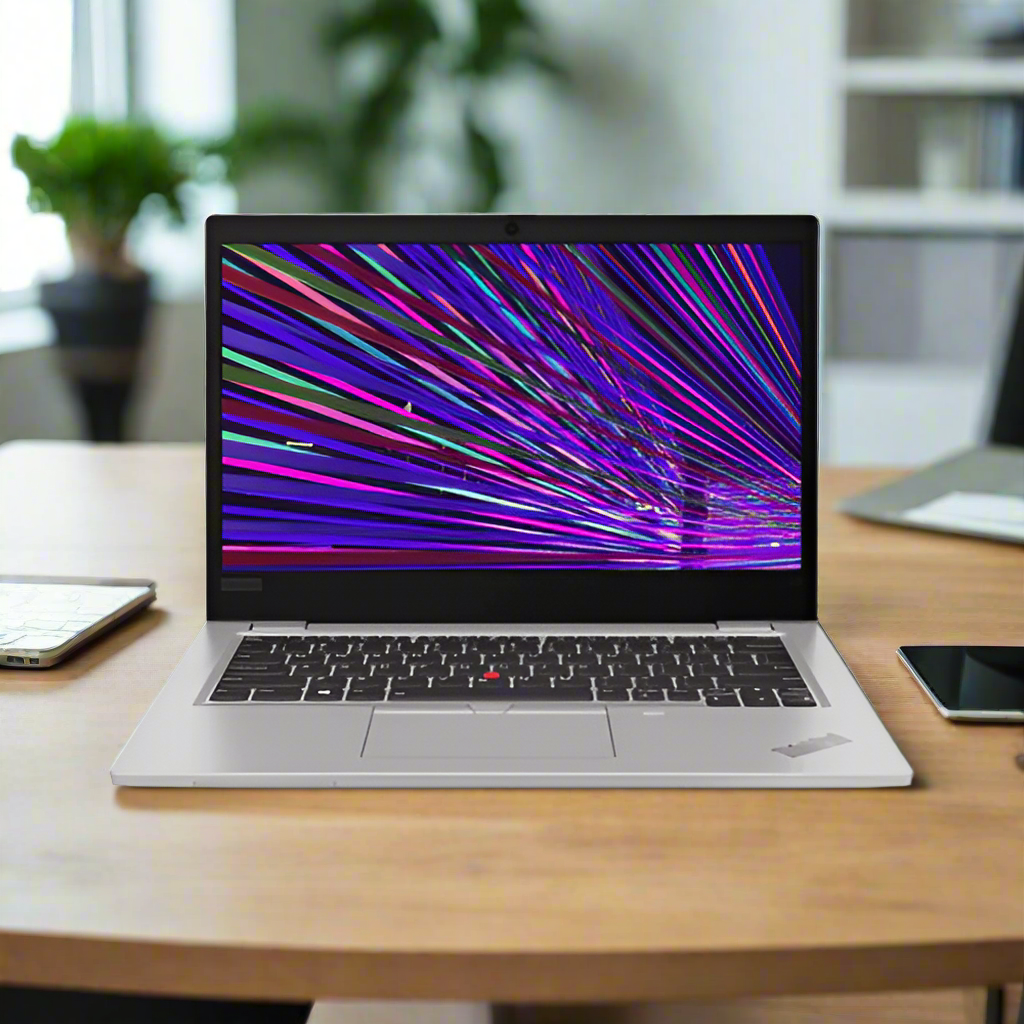 A silver Lenovo ThinkPad L13 Yoga G2 i5 1135G7 laptop with a vivid screen sits on a wooden desk by a smartphone and notepad, in a bright room with shelves and a potted plant in the background.