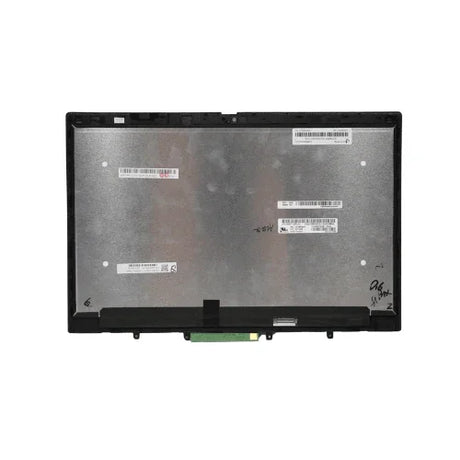 A rectangular refurbished Lenovo ThinkPad L13 Gen 1 13.3 Touch Display (1920x1080, 5M10W64463) viewed from the back shows a metallic surface with barcoded stickers, black plastic edges, and a green connector at the bottom. Brand: Lenovo.