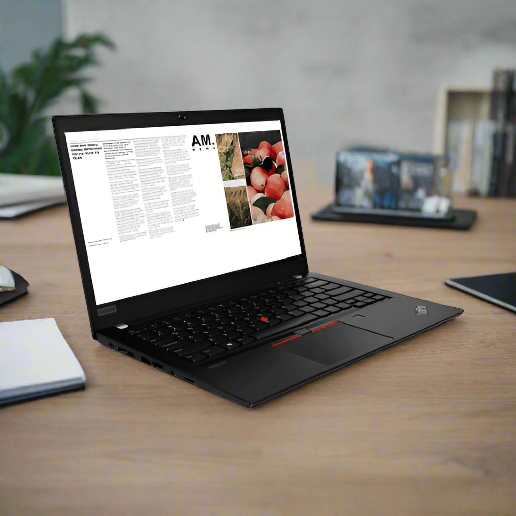 A Lenovo ThinkPad T14 G1 i5 10210U laptop with 16GB RAM and 256GB SSD sits open on a wooden desk, displaying a document with tomatoes. Papers, a closed notebook, books, and camera equipment are in the background.