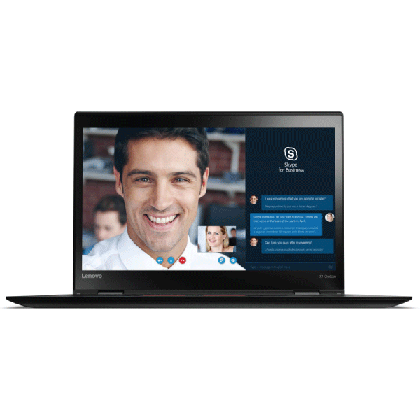 A certified refurbished Lenovo ThinkPad X1 Carbon G5 i5 6200U 2.3GHz 8GB 256GB 14" W10P displays a Skype for Business call with a smiling man, text chat on the side, and the Skype logo above the chat window.